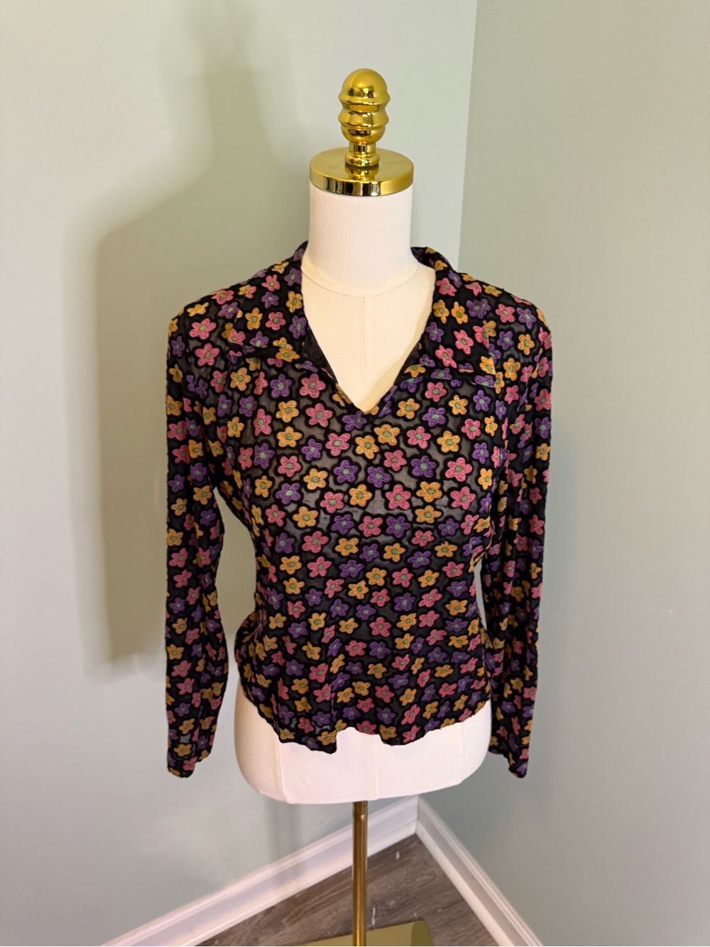 Vintage Express Tricot‎ Floral Mesh Long Sleeve V-Neck Collared Top Large